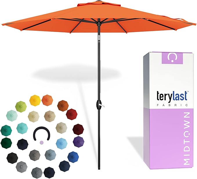 Midtown Umbrellas 10-Year-No-Fade - 8 Ft - UV Proof Bright Orange Polyester Fabric - Umbrella Outdoor Patio, Auto-Tilt Aluminum Frame Patio Umbrella for Garden, Pool & Deck - Black Pole