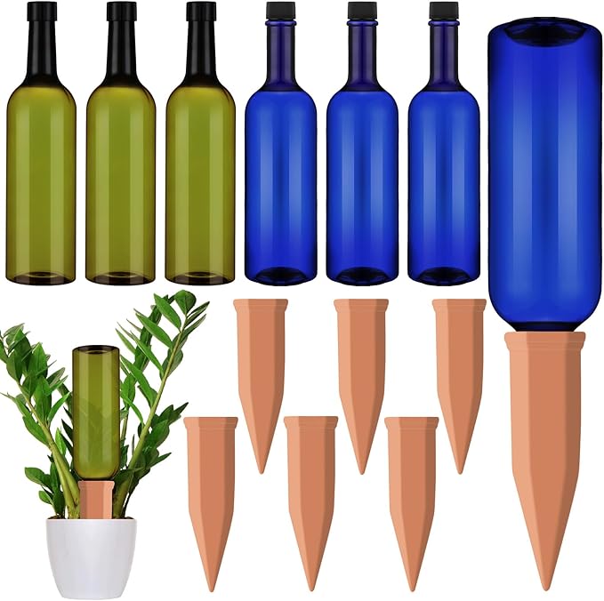SiliFine 6 Sets Plant Watering Devices Include Terracotta Self Watering Spikes and 26 oz Plastic Bottles, Slow Release Vacation Insert Automatic Plant Waterer Device (Blue Green and Terracotta)