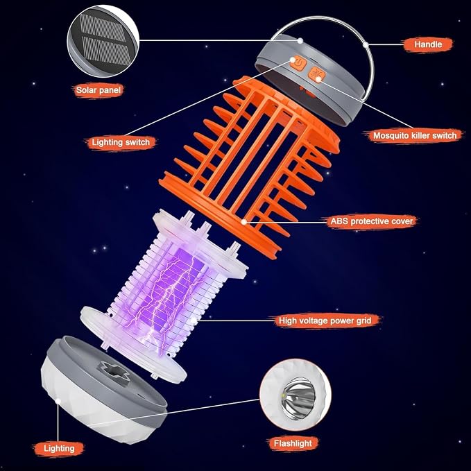 2 Pack Solar Bug Zapper Outdoor Waterproof Mosquito Zappers for Patio, 3 in 1 Cordless Rechargeable Mosquitoes Repellent Outdoor Patio Flashlight, Mosquito Killer Indoor - Orange
