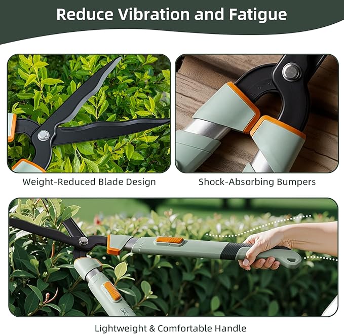 PrunePro Extendable Hedge Shears (27"-35") Wavy Stainless Steel Blades | Teflon Coated for Smooth Cuts | Lightweight Adjustable Garden Clippers for High Hedges & Bushes