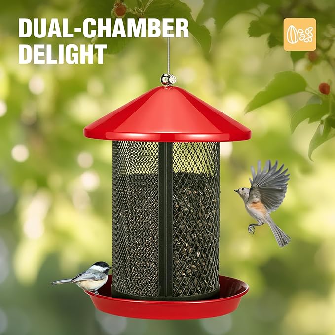 Veehoo Metal Bird Feeder for Outdoors-Dual Seed Chambers & Wild Bird Feeder Hanging Bird Feeder for Outside, Mesh Tube Feeder with Weatherproof Roof for Cardinal Bluebird Finch, Red