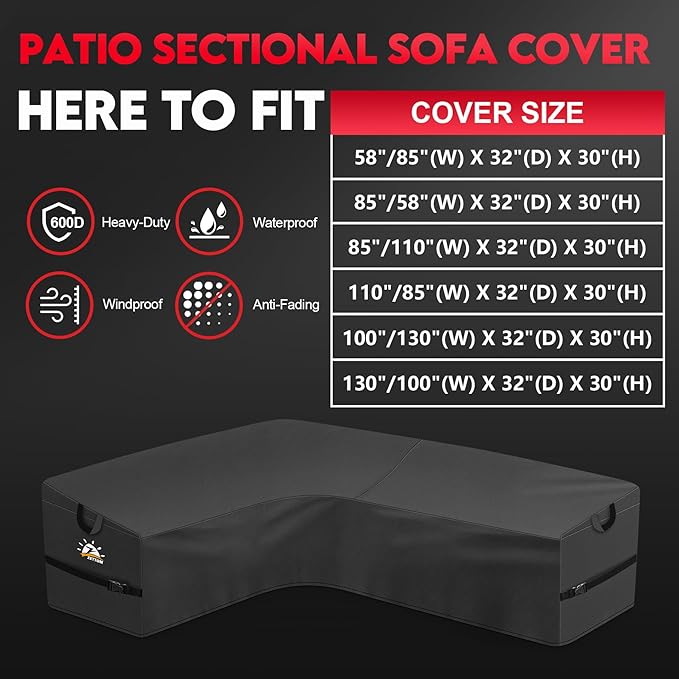 Zettum Outdoor L-Shaped Sectional Cover - 600D Patio Sectional Sofa Cover, Waterproof Patio Furniture Covers for 6-7 Seater Outdoor Sectional Sofa and Couch, Left Facing, 100x130 Inch Wide