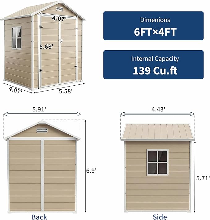 6x4 ft Outdoor Storage Shed with Floor, Plastic Resin Garden Shed with Window & Lockable Door, Tool Shed for Patio, Backyard, Lawn Mower, Bike Storage