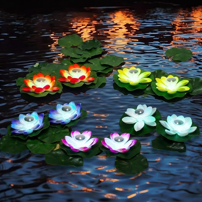 VIHOSE 30 Pcs Solar Floating Pond Lights Waterproof Solar Lotus Floating LED with Lily Pads Swimming Pool Pond Flower Night Lights for Patio Garden Pool Outdoor Party Decorations