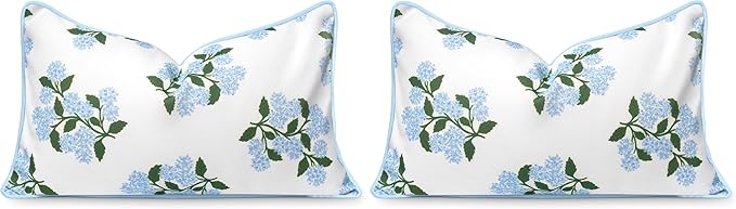 Hofdeco Premium Coastal Patio Indoor Outdoor Lumbar Pillow Cover Only, 12"x20" Water Repellent for Backyard, Couch, Baby Blue Print Hydrangea Flower (Pack of 2)