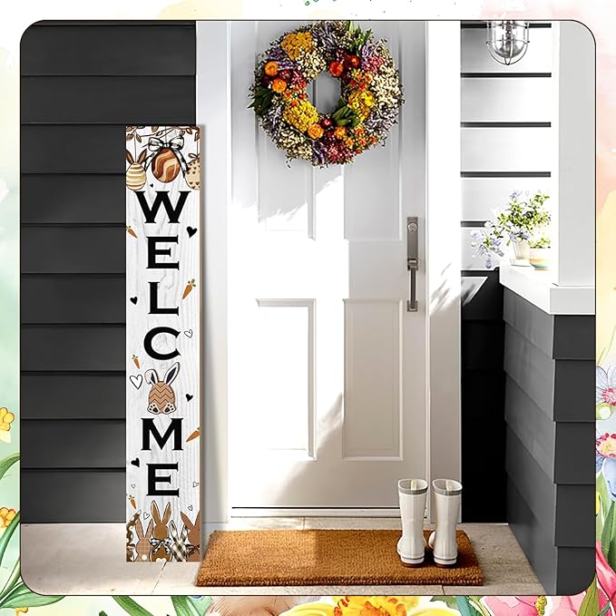 Easter Welcome Sign for Front Door, 47'' Tall Happy Easter Bunny Wooden Porch Sign for Patio, Rabbit Eggs Standing Vertical Door Signs Spring Rustic Yard Signs Seasonal Outdoor Signs for Garden
