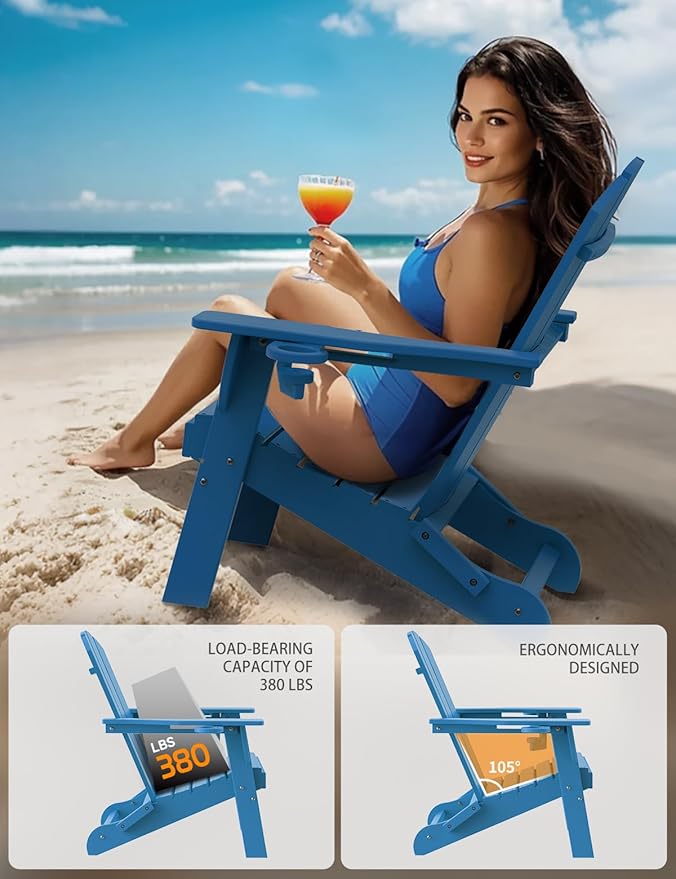 Folding Adirondack Chair Set of 6, Wooden Textured Plastic Adirondack Chairs with 2 Cup Holder, Weather Resistant HDPE Fire Pit Chair, Outdoor Patio Chairs for Garden, Backyard, Lawn, Deck, Blue