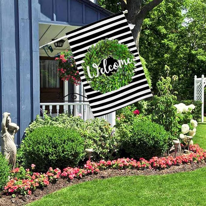 AOYEGO Boxwood Wreath Welcome House Flag 28 x 40 Inch Large Vertical Double Sided Black and White Stripes Background Seasonal Outside Décor for Garden Yard Farmhouse Flags