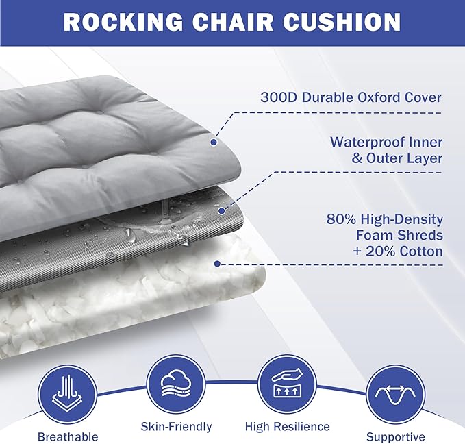 IPYNBAP Rocking Chair Cushion, Waterproof and Fade-Resistant Patio Chair Cushions, Tufted Chair Pads for Rocker Furniture, 17x17 Inch, Indoor/Outdoor Seat Cushions with Ties, Light Grey