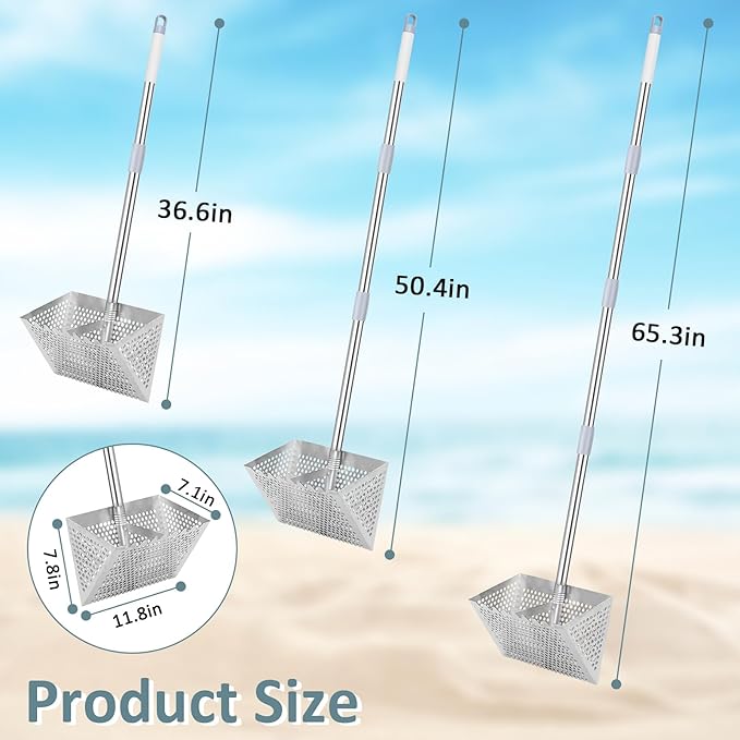Sand Flea Rake, 65-Inch Long Handle Stainless Steel Sand Sifter - 13-Inch Wide Mesh Screen Shark Tooth Sifter for Beach/Seaside Collecting: Sand Fleas, Shark Teeth, Seashells & Marine Treasures