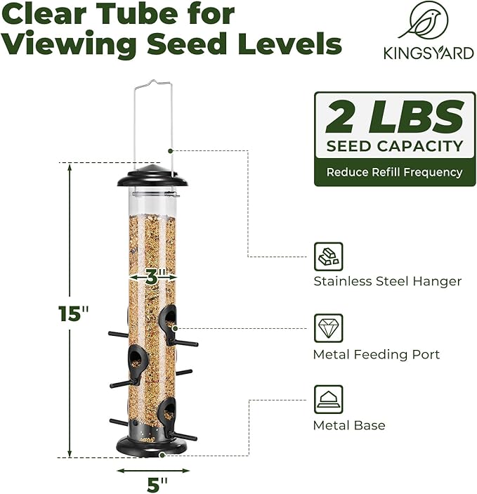Kingsyard Metal Bird Feeders for Outdoors Hanging, Tube Bird Feeder with 6 Feeding Ports, 15 Inch, Chew-Proof & Weatherproof, Black