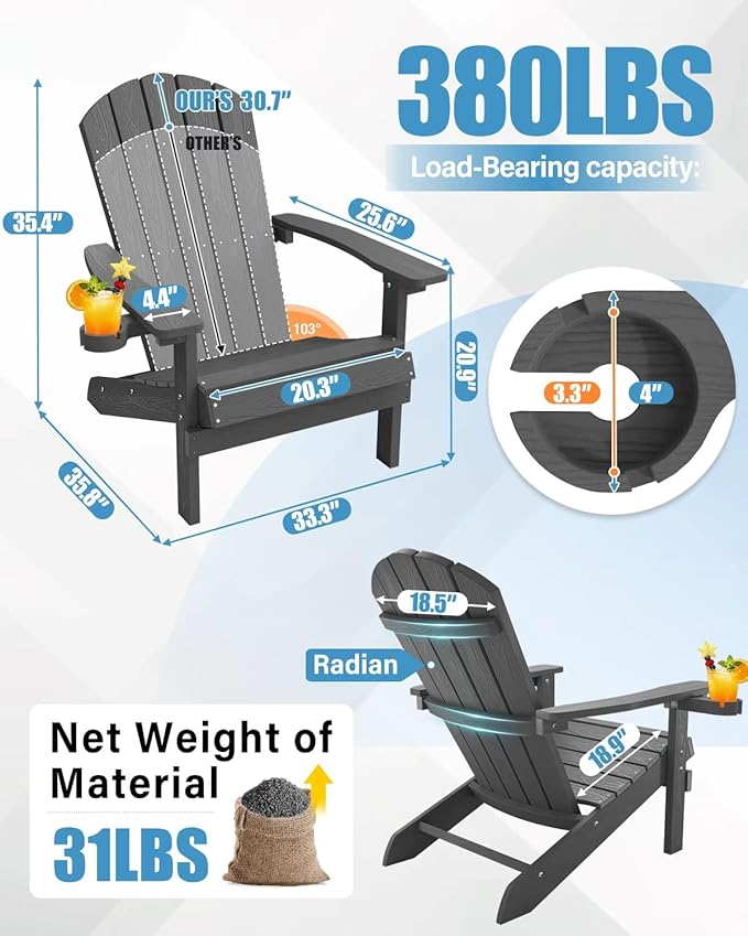 YEFU Adirondack Chairs Set of 6: Plastic Adirondack Chairs - Patio Chairs with Wood Texture - Outdoor Chair HIPS - Lawn Fire Pit Deck Porch Garden Chairs for Adults (Dark Grey)