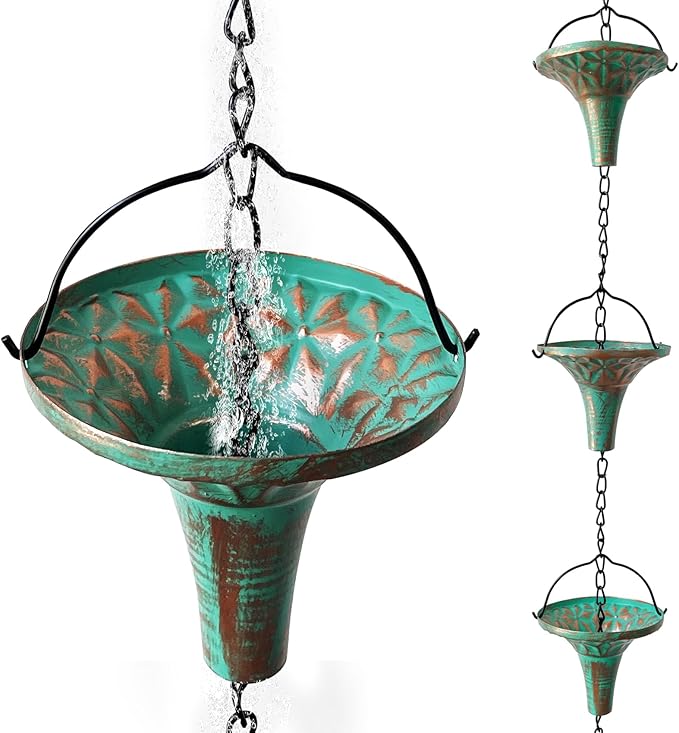 Patina Rain Chain for Gutters, 8.6 FT Decorative Water Chain with 12 Funnel Cups, Crystal Accent, Rust Resistant Outdoor Rain Chain for Garden & Porch