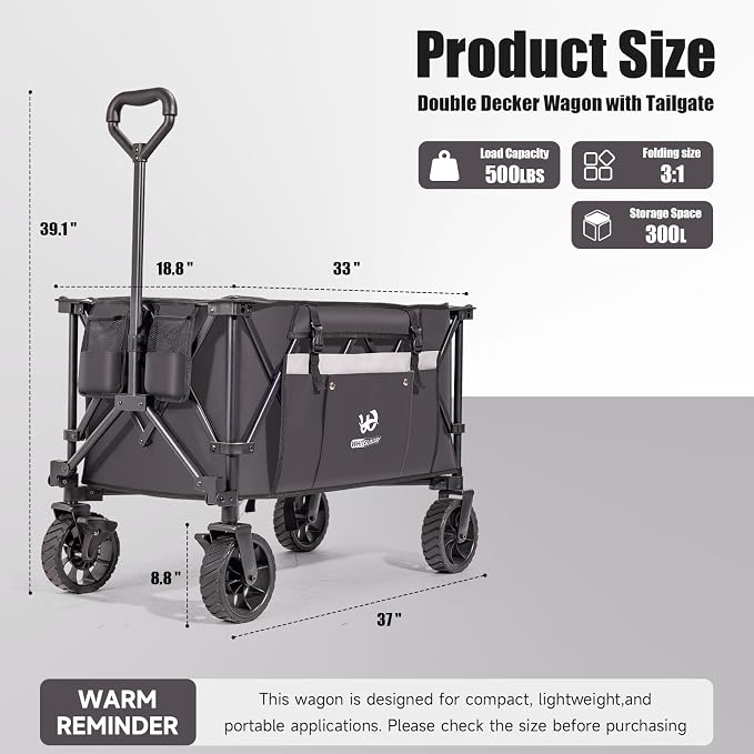 Whitsunday Folding Collapsible Utility Wagon, 400Lbs Heavy Duty Outdoor Park Beach Wagon with Table and Side Pocket for Garden Camping Sports Shopping Grey