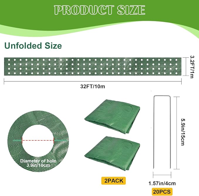 2PCS Green Weed Barrier Landscape Fabric, 33 x 3.3 Ft Garden Weed Barrier Fabric Heavy Duty with Planting Holes,Ground Cover Weed Barrier Weed Cloth & 20 U-Shaped Ground Nail For Weed Control