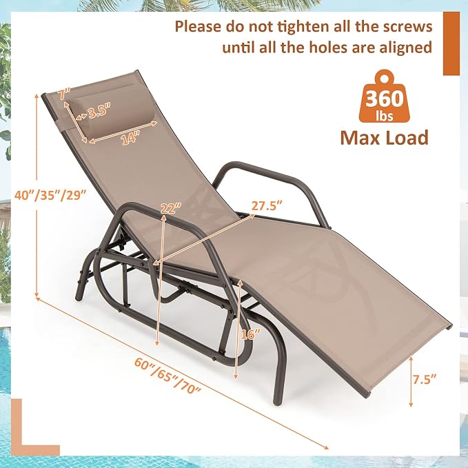 Tangkula Outdoor Glider Recliner Chair, Adjustable Backrest Patio Gliding Lounger Chair with Armrests and Pillow, Outdoor Swinging Rocking Chair w/Breathable Fabric for Poolside, Backyard (2, Brown)