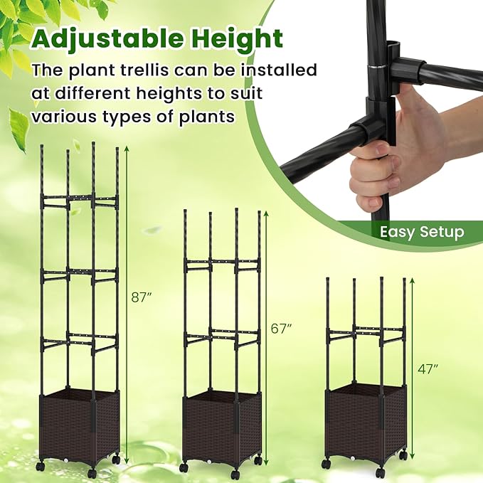 HAPPYGRILL 87" Raised Garden Bed w/Trellis, Self-Watering Planter Box w/ 3 Adjustable Heights, Lockable Wheels for Climbing Plants Flowers Vine, Indoor Outdoor Vertical Tomato Cage for Garden (2)