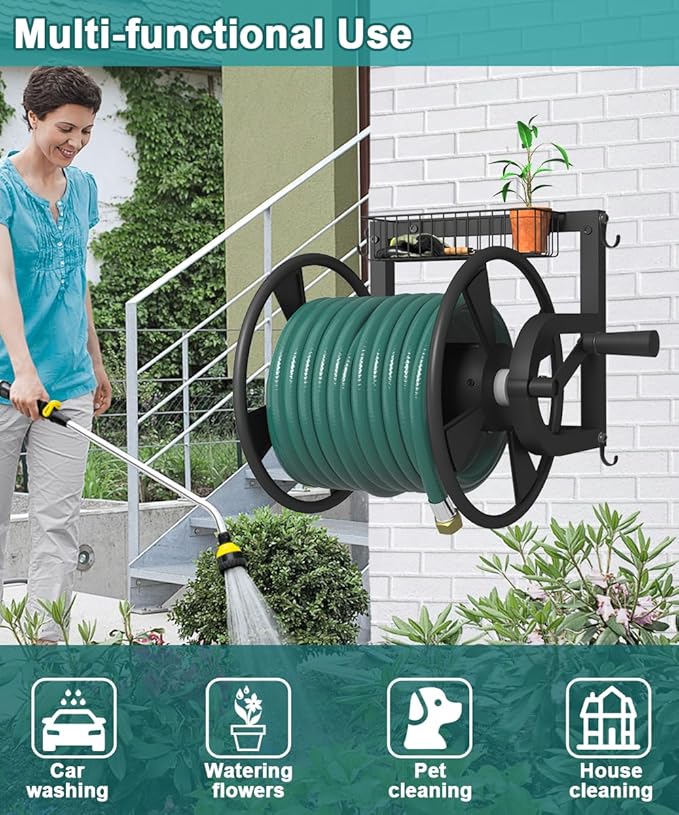 Artigarden Outdoor Wall Mounted Hose Reel with Hook, Garden Heavy-Duty Water Holder Winder with 3.9 ft Leader Hoses, Brass Fitting and Storage Basket for Yard, Holds 125 Ft of 5/8-Inch Hose, Black
