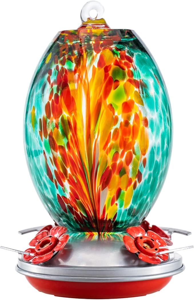 Muse Garden Glass Humming Bird Feeders for Outdoors - 27OZ Blown Glass Hummingbird Feeder - Unique Gift Mom Women, Outdoors Hanging Garden Decor, Includes Ant Moat & Brush, Emerald Peacock