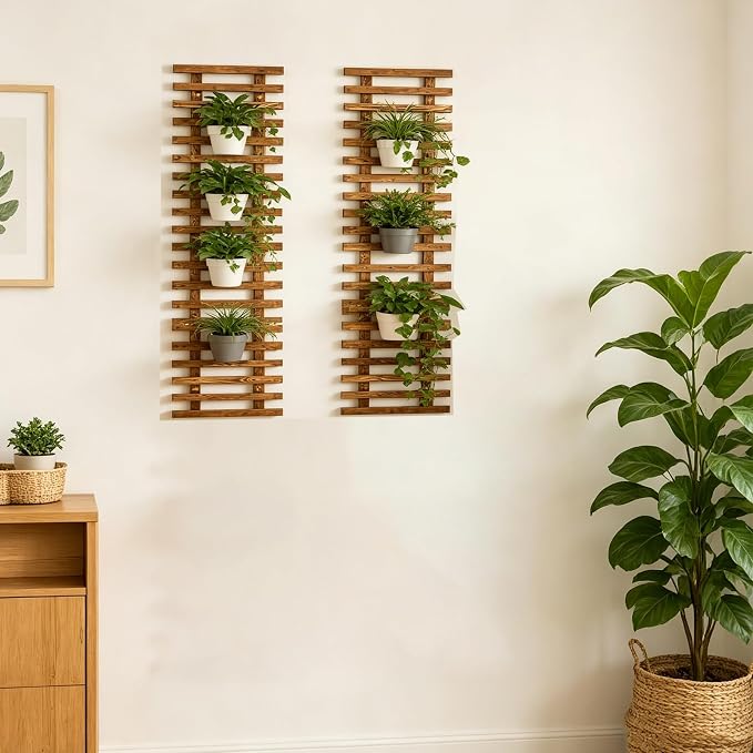 2 Pcs Wall Planter for Indoor Outdoor Plants - Wooden Wall Amounted Plant Holder for Hanging Pots, Vertical Pack Wood Garden Trellis for Climbing Plants Orchid Ivy Vine Rose Patio Home Decor, 35.43"
