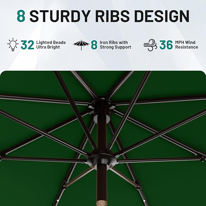 AreShark 9FT Patio Umbrella with Solar Lights, 32 Lighted Pool Umbrella w/Tilt and Crank, Outdoor Market Solar Umbrellas for Garden, Deck, Backyard, Pool and Beach, Dark Green