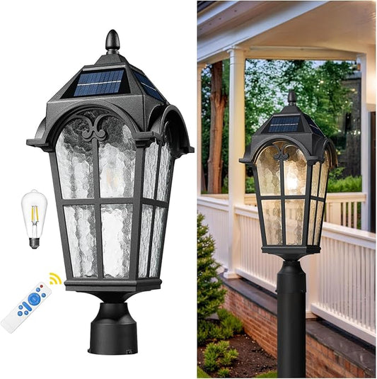 Emliviar Outdoor Solar Lamp Post Light in Black Finish, 22.1" Large Outdoor Lighting with Water Grain Glass Shade for Patio, Vintage Post Lantern LED Bulb Included with Remote Control, YXE302MP-SL BK