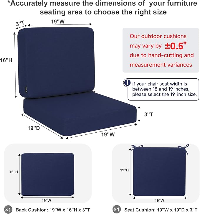 Favoyard Outdoor Deep Seat Cushion Set, 19 x 19 Inch Rainproof & 3-Year Fade Resistant Patio Furniture Cushions, Removable Seat Bottom & Back Cushion Covers with Ties for Chair, Sofa, Couch, Blue