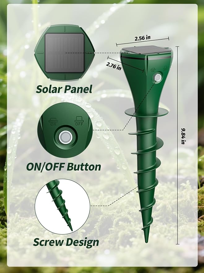 Solar Powered Animal Repellent for Yards - Waterproof Sonic Vibration Device Removes Moles, Gophers, Groundhogs, Voles, Snakes - Simple Twist Stakes for Lawn & Garden (4, Green)
