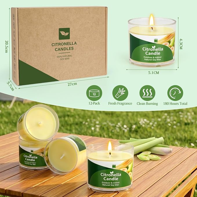 Citronella Candles Outdoor, 12 Pack Citronella Candles, 180 Hours Long Lasting Burn Time, Natural Soy Wax, Indoor & Outdoor Candle for Patio, Camping, Garden, Yard, Balcony, Summer Party, Home