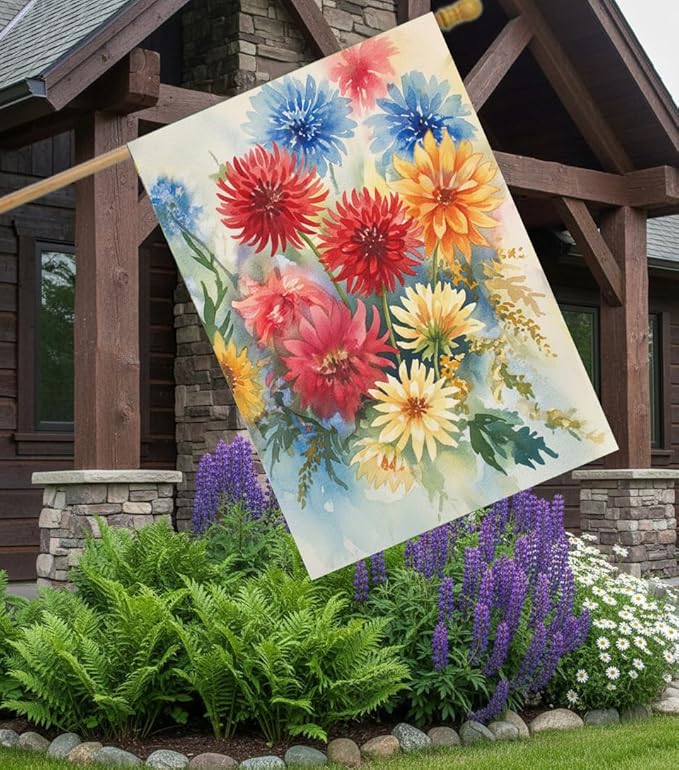 Seasonal Watercolor Summer Spring Floral Flowers Colorful Dahlias House Flag 28 x 40 Inch, Double Sided Large Garden Yard Welcome Flags Banners for Home Lawn Patio Outdoor Decor
