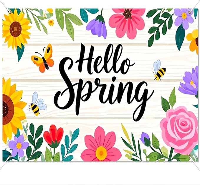 BlissYard Hello Spring Backdrop Decoration Floral Garden Banner 8x6ft Spring Photo Backdrop Flower Background for Spring Party Easter Celebration Photo Booth Kids Event Wall Display