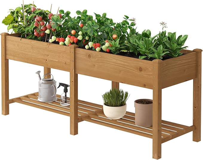 Wooden Raised Garden Bed, Planter Box with Legs, Garden Planter with Divider Bag for Backyard, Patio, Balcony, Planter Stand Box for Herbs and Vegetables (Brown-L)