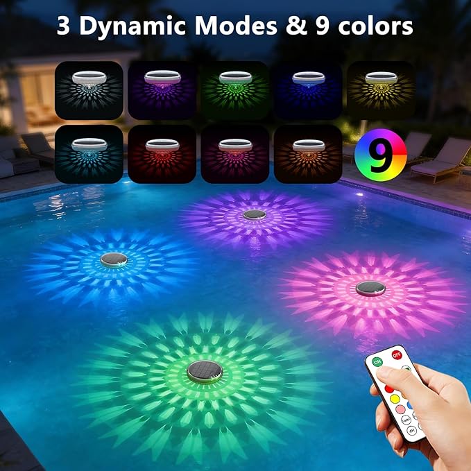 Solar Powered Floating Pool Lights(4 Pack), Pool Lights That Float with Remote Control, 12 Lighting, Timing Mode, IP67 Waterproof for Inground/Above Ground Pool, Pool Party, Bathroom, Bathtub, Garden