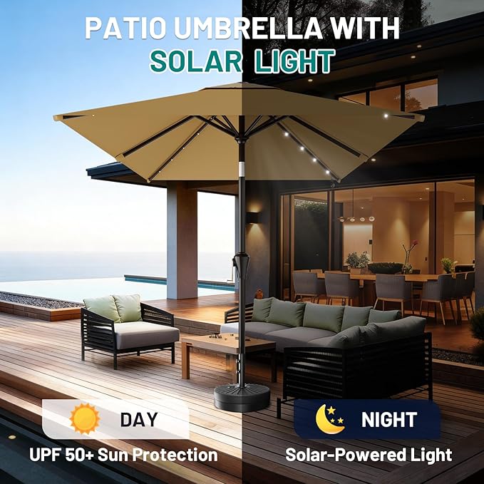 AreShark 6.5' x 10' Rectangular Patio Umbrella with Solar Lights, Solar Powered Lighted Market Umbrella w/Tilt and Crank, Outdoor Table Umbrella for Garden, Deck, Backyard, Pool and Beach, Khaki