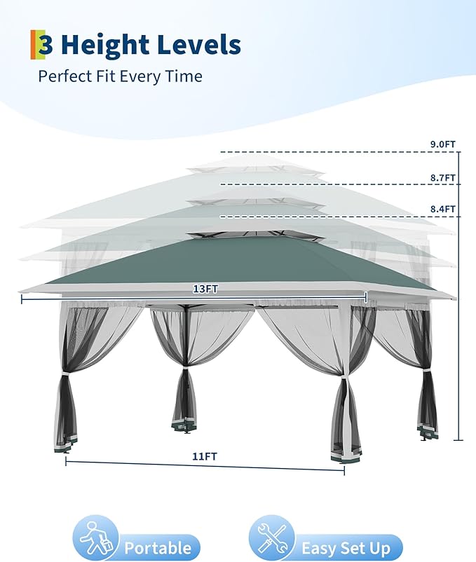 GarveeLife Canopy Tent 13x13 ft, Pop Up Gazebo One-Push Setup with 4 SandBags for Backyard Parties and BBQs, Mosquito Netting & Height Adjustable - Green