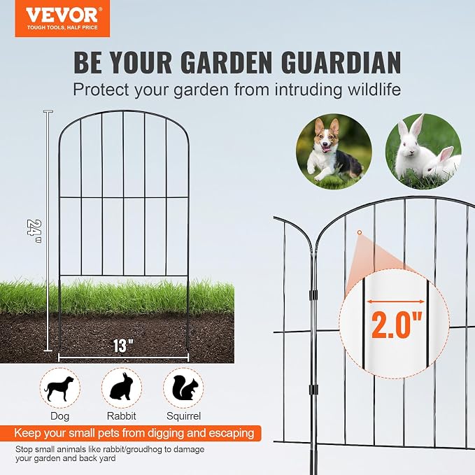 VEVOR Decorative Garden Fence 28 Pack, No Dig Fence 24in(H) x30ft(L) Animal Barrier Fence, Underground Garden Fencing with 2 inch Spike Spacing, Metal Dog Fence for The Yard and Outdoor Patio