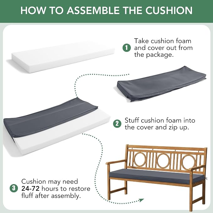 Summsun Outdoor Bench Cushion: Waterproof and Fade Resistant Patio Furniture Cushions - Non-Slip Bench Pad Cushion with Removable Cover for Garden Swing Porch Sofa Settee, 48 x 18 x 3 Inch, Dark Grey