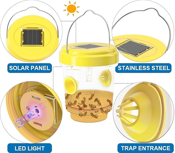 Wasp Traps Outdoor Hanging, Solar Bees, Hornets, Yellow Jacket Traps, Wasp Trap Catcher, Reusable Solar Powered Hanging for Outdoor, 4 Packs