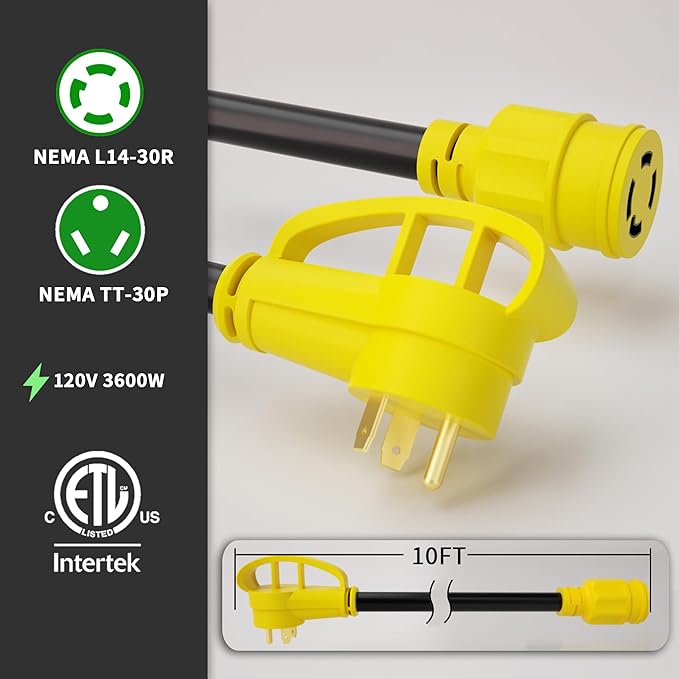 POWGRN 10 FT RV Power Cord 30 Amp Extension Cord, 4 Prong to 3 Prong Adapter Generator Extension Cord, 30 Amp RV Adapter, NEMA TT-30P to NEMA L14-30R, 10AWG STW 30A 125V 3750W, Yellow, ETL Listed