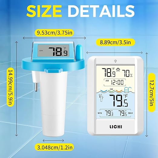 Solar Wireless Floating Pool Thermometer - Upgraded IPX8 Waterproof Easy Read Digital Thermometer with Time, Indoor Temperature & Humidity Monitor for Swimming Pools, Spas, Hot Tubs