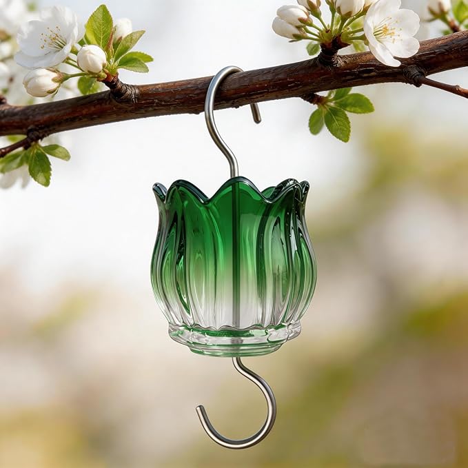 Glass Ant Moat for Hummingbird Feeder - 2PC x 3 OZ Gradient Green Tulip Insect Guard with Large Capacity