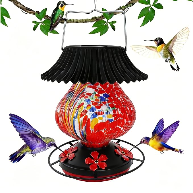 Solar Glass Hummingbird Feeder for Outdoors- 26 fl.oz Best Solar Hummingbird Feeders- 5 Feeding Ports with Perch - Wasp Leak Proof- Perfect Hand Blown Glass Color Changing for Outdoors Hanging (Red)