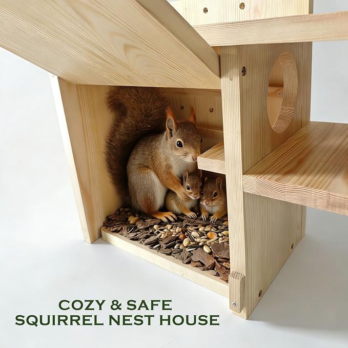 Extra Large Outdoor Squirrel House, Wooden Nesting Box | 0.7-inch-thick weatherproof pine, external rest platform, front porch, ventilation and easy mounting on trees or fences