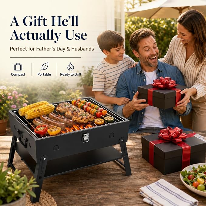 Portable BBQ Charcoal Camping Grill: Tabletop Folding Barbecue Grills for Outdoor Cooking, Beach, Travel, Tailgates, Fathers Day Birthday Grilling Gift for Men Dad Husband