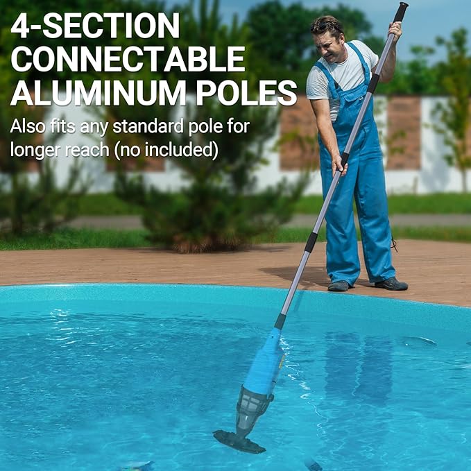 Cordless Handheld Pool Vacuum for Above Ground Pools, 18GPM IPX8 60Mins Above Ground Pool Vacuum W/4-Section Pole for Leaves Sand Debris & Step Corner Wall, Pool Vacuum for Inground Pools Hot Tub Spa