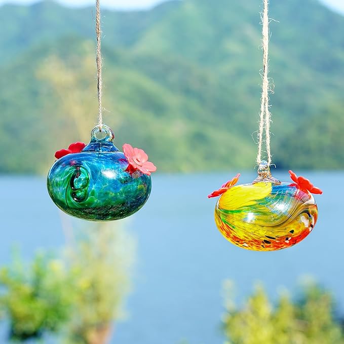 Pack 2 Blown Glass Hummingbird Feeders for Outdoors 3inch Small Glass Humming Bird Feeder for Window Hanging Ant and Bee Proof Humming Birds Feeders Decor for Garden Tree