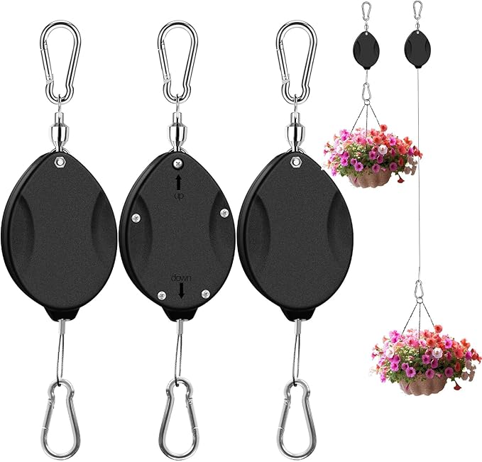 3 Pcs Upgraded Heavy Duty Retractable Plant Hanger,Plant Pulleys for Hanging Plants,Easy to Raise and Lower,Auto Lock,Adjustable Hook for Garden Baskets Pots,Birds Feeder and Grow Lights,Black