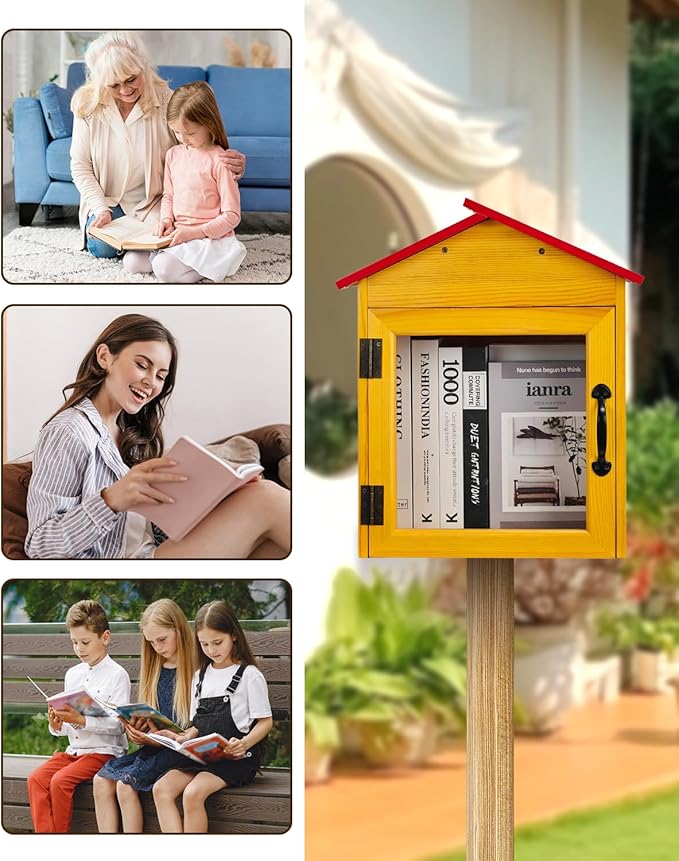 Outdoor Library Book Box Storage, Red Wooden Cabinet Little Literature Box for Neighborhoods Community and Schools Sharing Books, Newspapers, Flyers, Food and Art