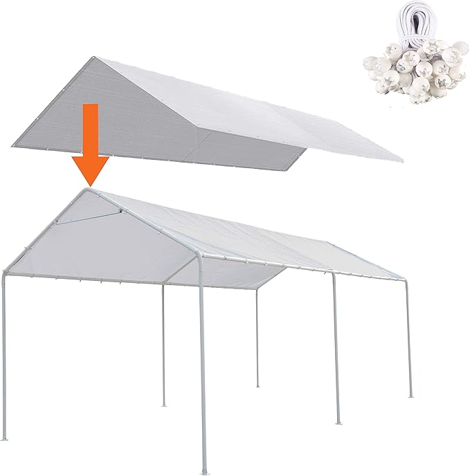 Thanaddo 10 x 20 Ft Carport Replacement Canopy Cover Garage Top Tent Shelter Tarp with Free 44 Ball Bungee Cords,White(Only Cover, Frame Not Include) (10x20 White)