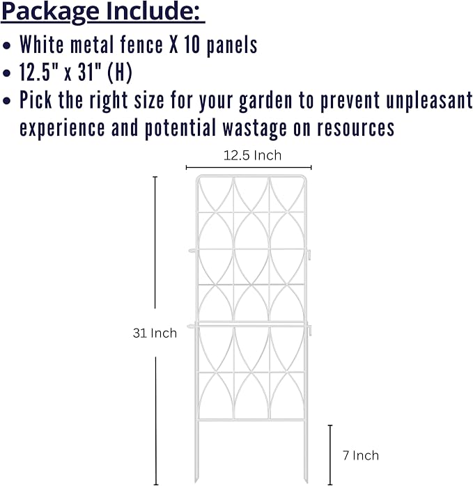 ShopLaLa Animal Barrier Fence (10 Panels) 12.5in(L) x 31in(H) Rustproof Metal Wire Decorative Flower Bed Edging for Landscape with Eclipse Design, Fencing Patio Yard Outdoor Panels Decor White Fence